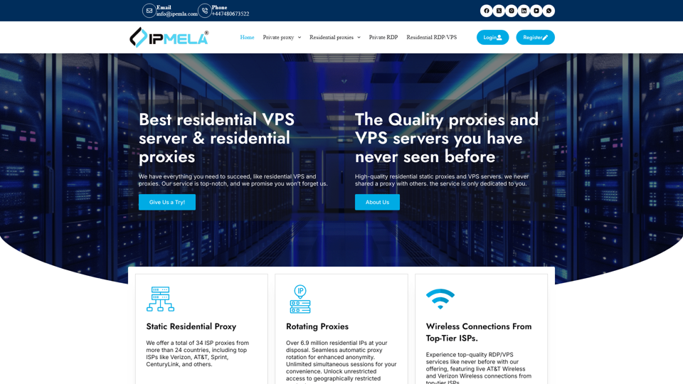 Complete Residential Proxies and VPS Server Solutions | ipmela.com