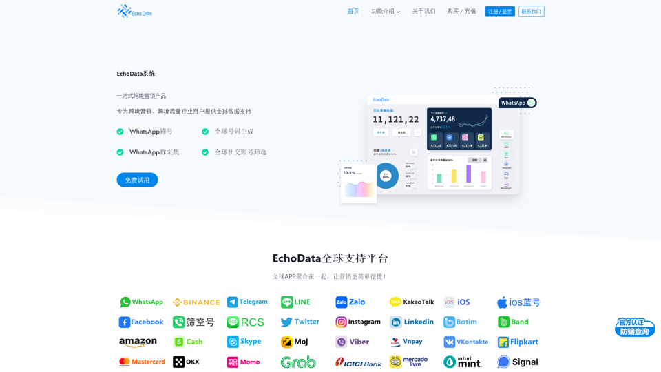 EchoData筛号系统 - グローバル番号生成 - WhatsAppスクリーニング - SMS一斉送信 - 音声コールシステム