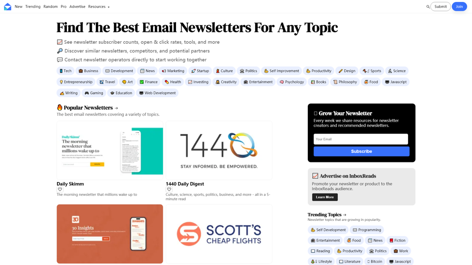 InboxReads - Trouvez les meilleures newsletters par e-mail pour n'importe quel sujet