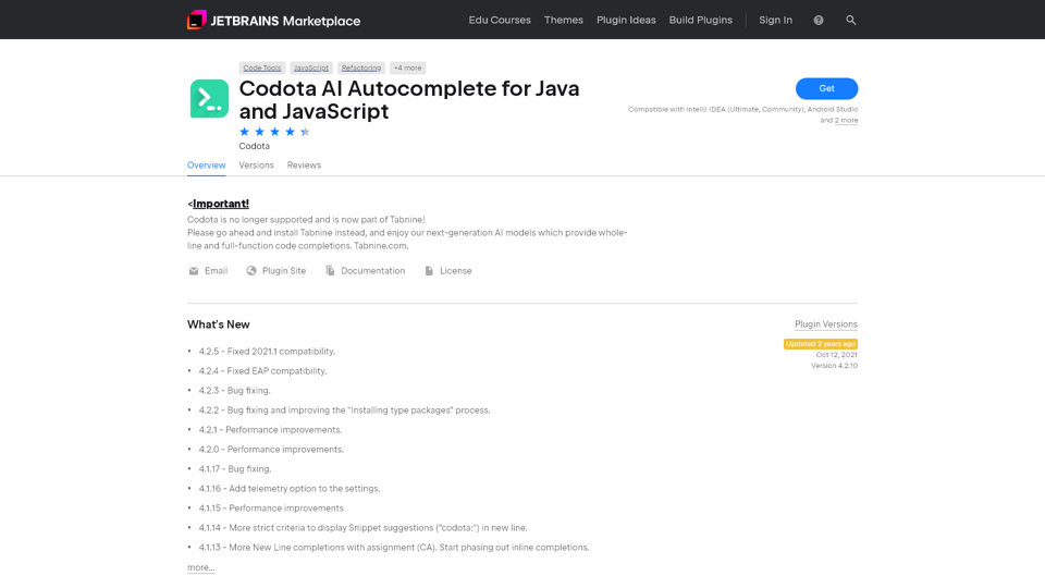 Codota AI Autocomplétion pour Java et JavaScript Plugin pour IDEs JetBrains | Marché JetBrains