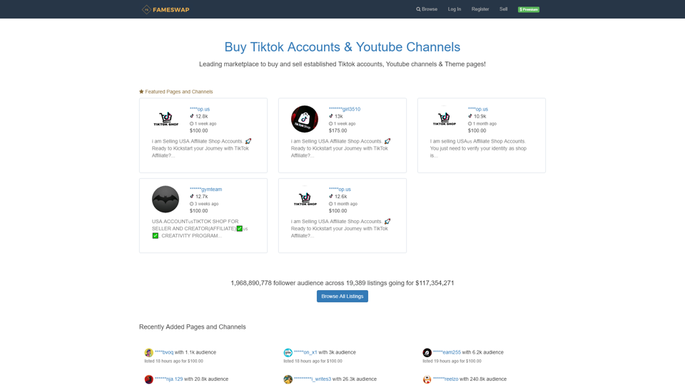 Buy TikTok Accounts, Youtube Channels & Theme Pages - Fameswap