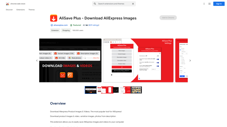 AliSave Plus - AliExpress-Bilder herunterladen - Chrome Web Store