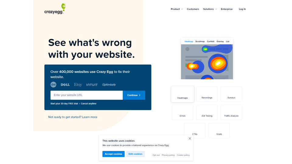 Crazy Egg Website — Optimierung | Heatmaps, Aufzeichnungen, Umfragen & A/B-Tests