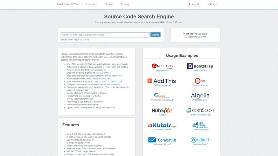 Moteur de recherche pour le code source - PublicWWW.com